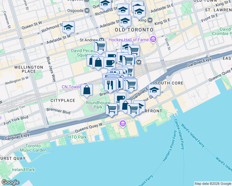 map of restaurants, bars, coffee shops, grocery stores, and more near 30 Grand Trunk Crescent in Toronto