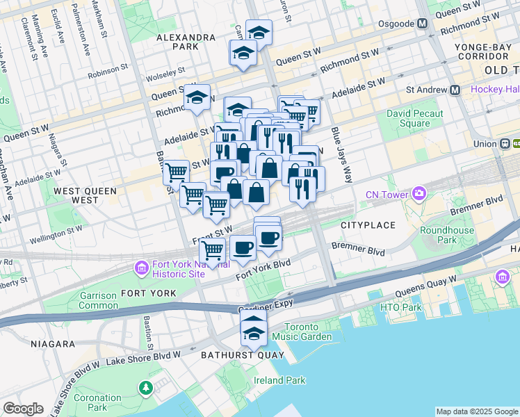 map of restaurants, bars, coffee shops, grocery stores, and more near 480 Front Street West in Toronto