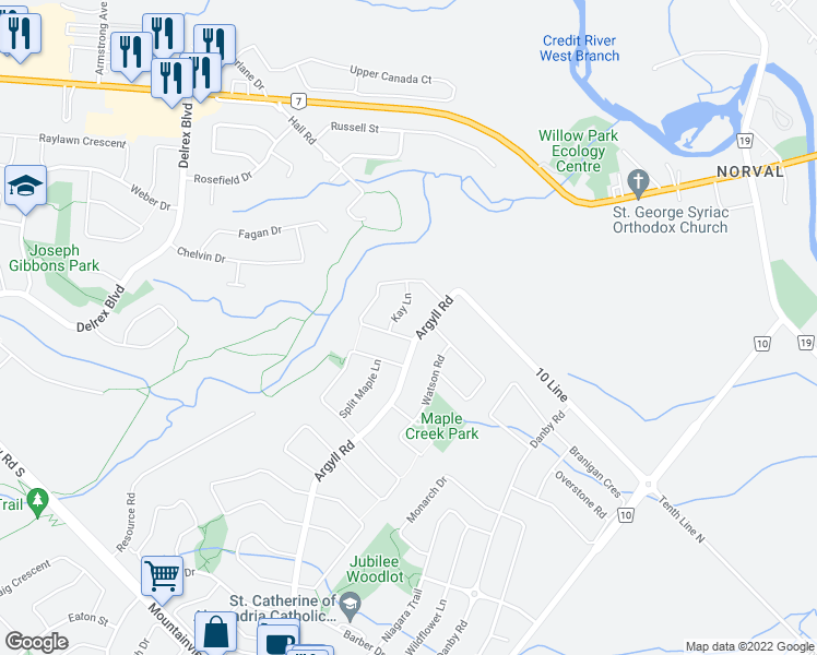 map of restaurants, bars, coffee shops, grocery stores, and more near 4 Gollop Crescent in Halton Hills