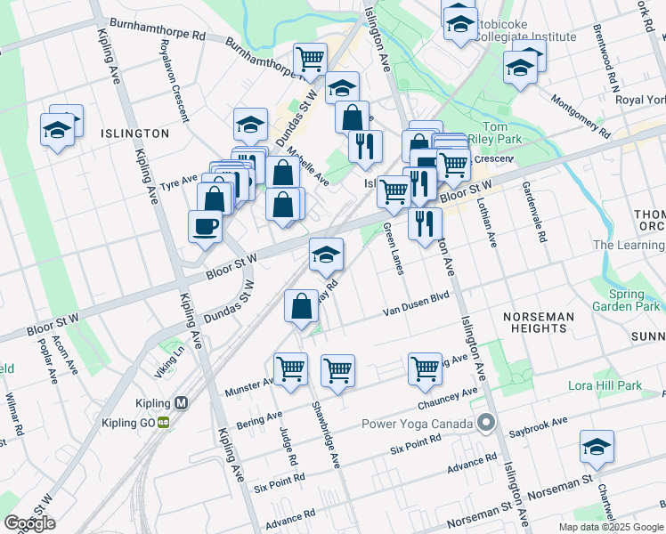 map of restaurants, bars, coffee shops, grocery stores, and more near 22 Fieldway Road in Toronto