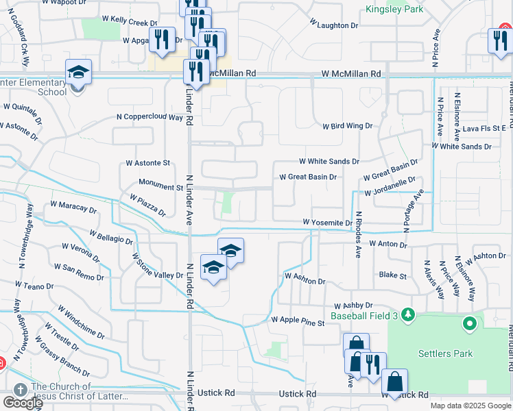 map of restaurants, bars, coffee shops, grocery stores, and more near 4153 North McKinley Park Avenue in Meridian