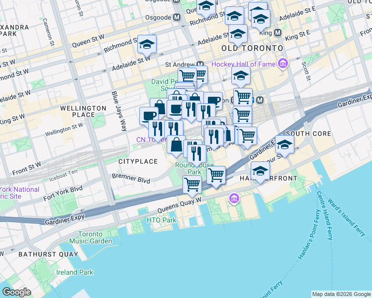 map of restaurants, bars, coffee shops, grocery stores, and more near 288 Bremner Boulevard in Toronto