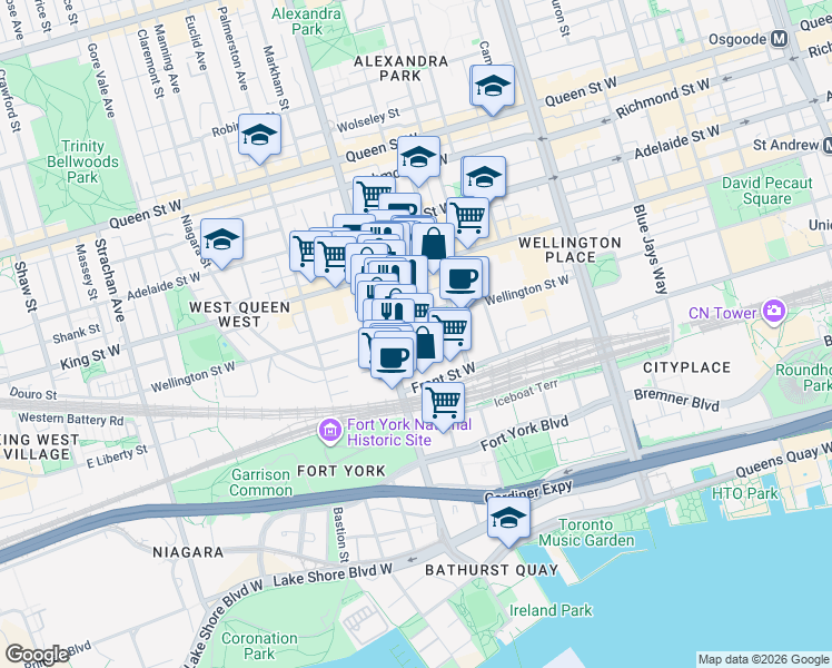 map of restaurants, bars, coffee shops, grocery stores, and more near 20 Niagara Street in Toronto