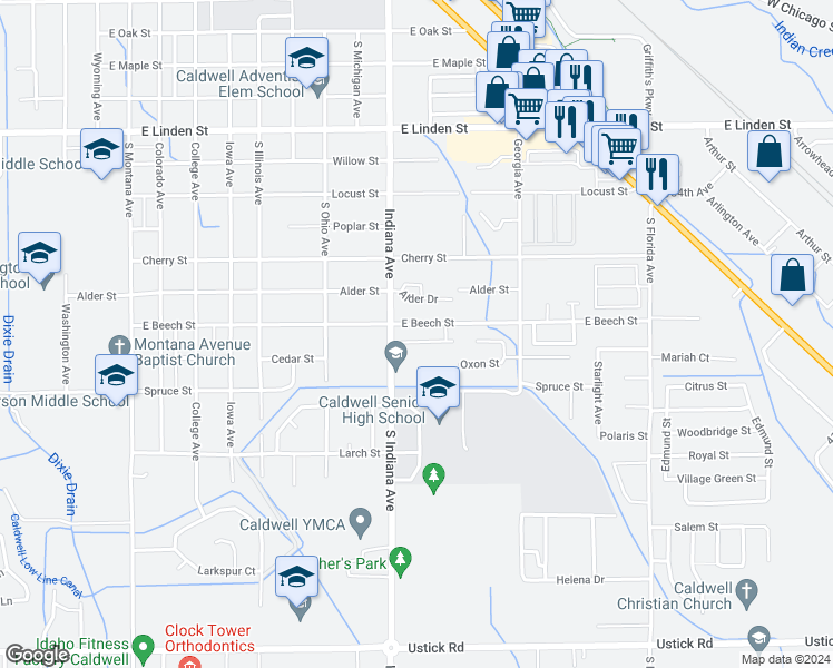 map of restaurants, bars, coffee shops, grocery stores, and more near 2119 Ison Court in Caldwell