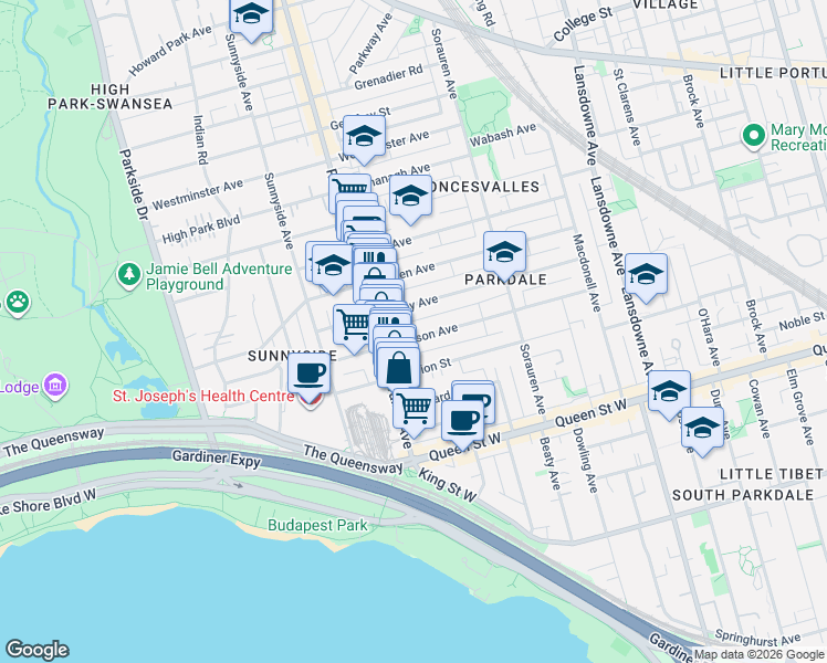map of restaurants, bars, coffee shops, grocery stores, and more near 168 Pearson Avenue in Toronto