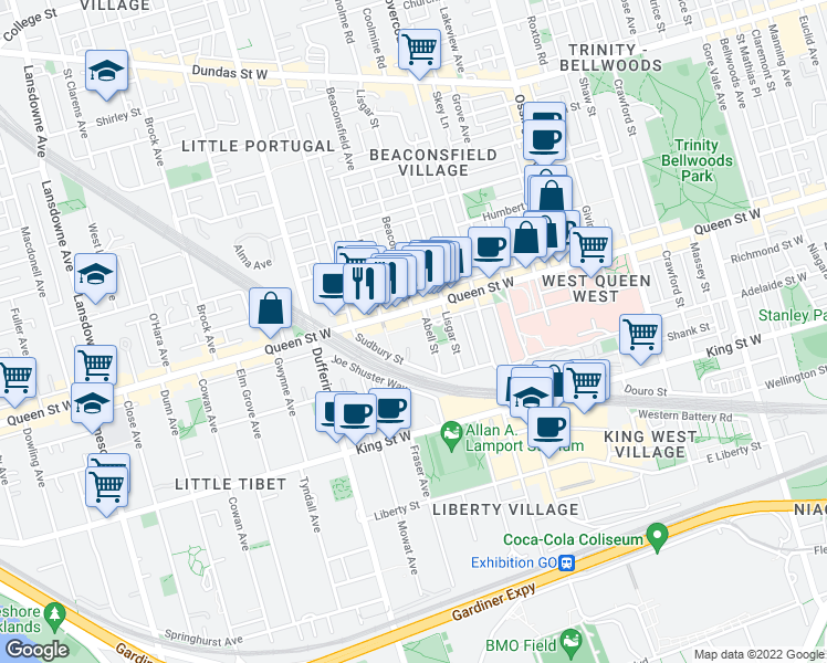 map of restaurants, bars, coffee shops, grocery stores, and more near 68 Abell Street in Toronto