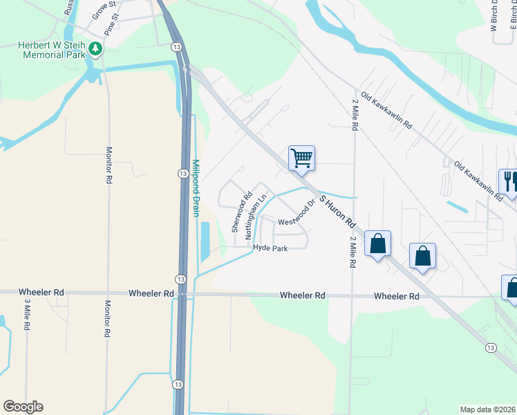 map of restaurants, bars, coffee shops, grocery stores, and more near 3363 Nottingham Lane in Bay City