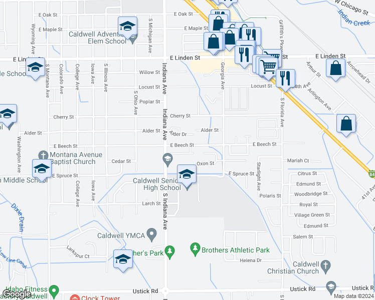 map of restaurants, bars, coffee shops, grocery stores, and more near 2211 Ison Court in Caldwell
