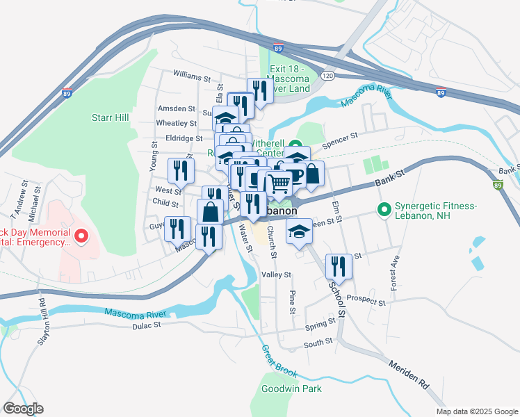 map of restaurants, bars, coffee shops, grocery stores, and more near 20 West Park Street in Lebanon