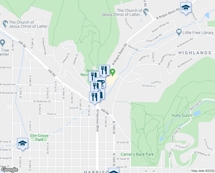 map of restaurants, bars, coffee shops, grocery stores, and more near 2466 North Bogus Basin Road in Boise
