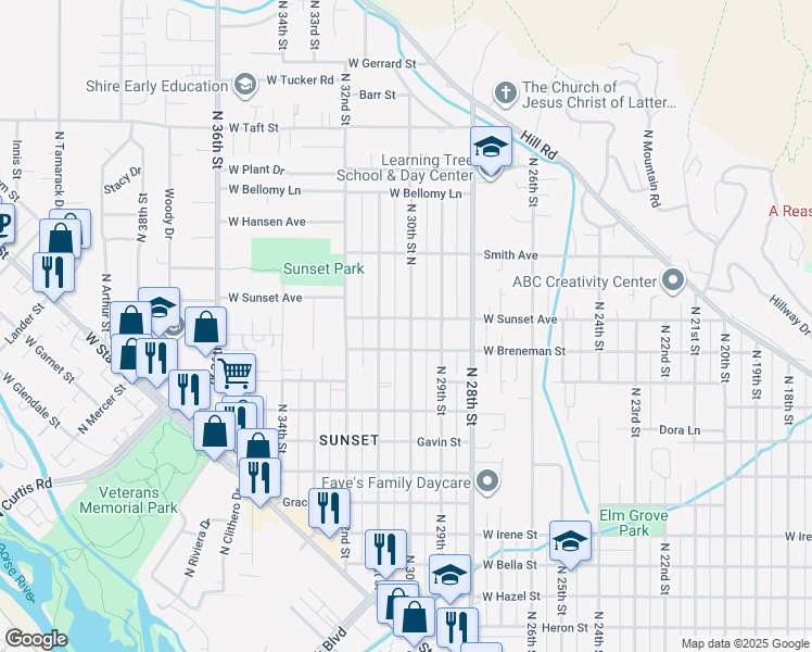 map of restaurants, bars, coffee shops, grocery stores, and more near 3003 West Sunset Avenue in Boise