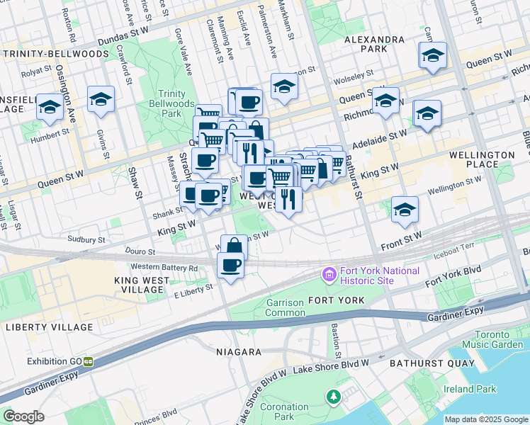 map of restaurants, bars, coffee shops, grocery stores, and more near 115 Walnut Avenue in Toronto