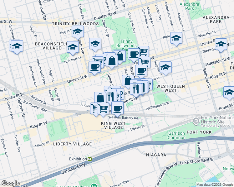 map of restaurants, bars, coffee shops, grocery stores, and more near 40 C Shank Street in Toronto