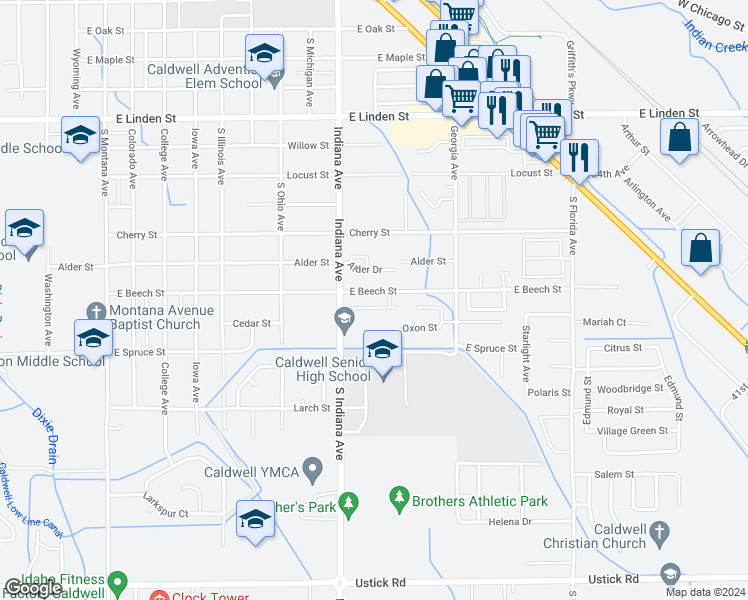 map of restaurants, bars, coffee shops, grocery stores, and more near 2207 Ison Court in Caldwell