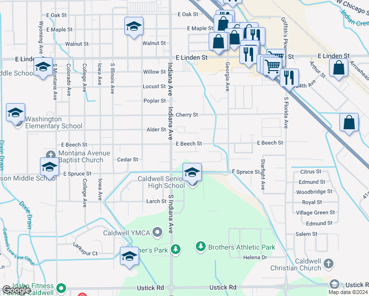 map of restaurants, bars, coffee shops, grocery stores, and more near 2207 Ison Court in Caldwell