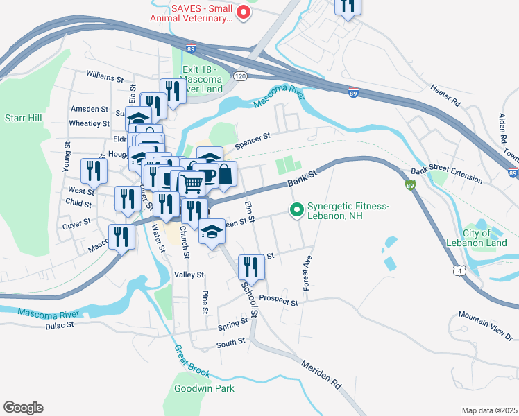 map of restaurants, bars, coffee shops, grocery stores, and more near 23 Elm Street in Lebanon
