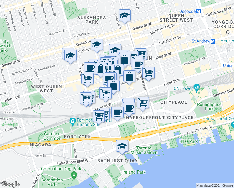 map of restaurants, bars, coffee shops, grocery stores, and more near 20 Draper Street in Toronto