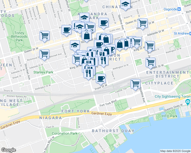 map of restaurants, bars, coffee shops, grocery stores, and more near 39 Niagara Street in Toronto