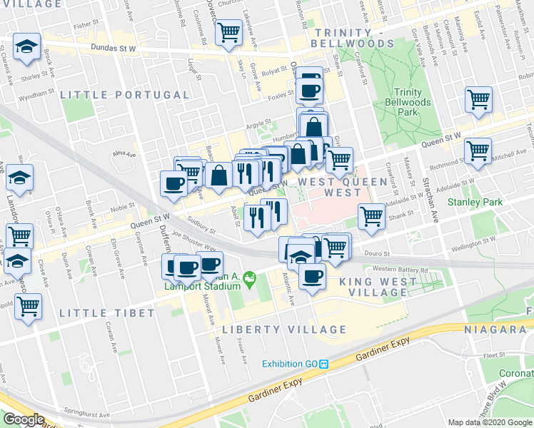 map of restaurants, bars, coffee shops, grocery stores, and more near in Toronto