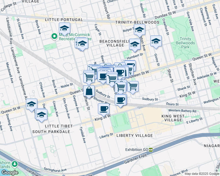 map of restaurants, bars, coffee shops, grocery stores, and more near 1153 Queen Street West in Toronto