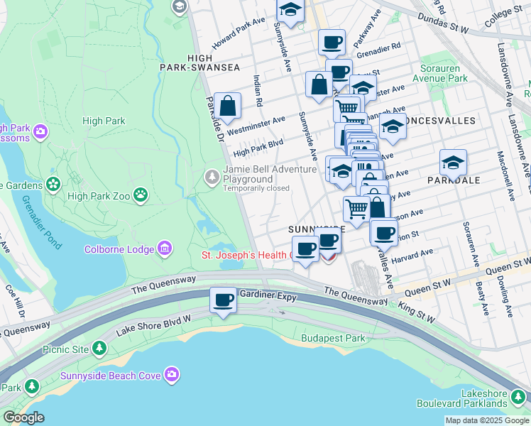 map of restaurants, bars, coffee shops, grocery stores, and more near 96 Indian Road in Toronto