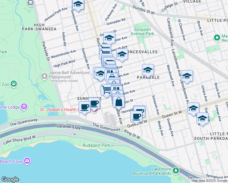 map of restaurants, bars, coffee shops, grocery stores, and more near 111 Roncesvalles Avenue in Toronto