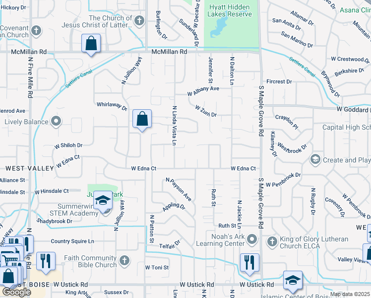 map of restaurants, bars, coffee shops, grocery stores, and more near 9557 Lorinda Court in Boise