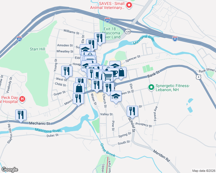 map of restaurants, bars, coffee shops, grocery stores, and more near 1 Court Street in Lebanon