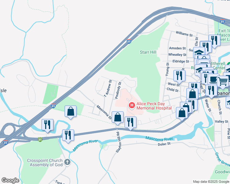map of restaurants, bars, coffee shops, grocery stores, and more near 17 Michael Street in Lebanon