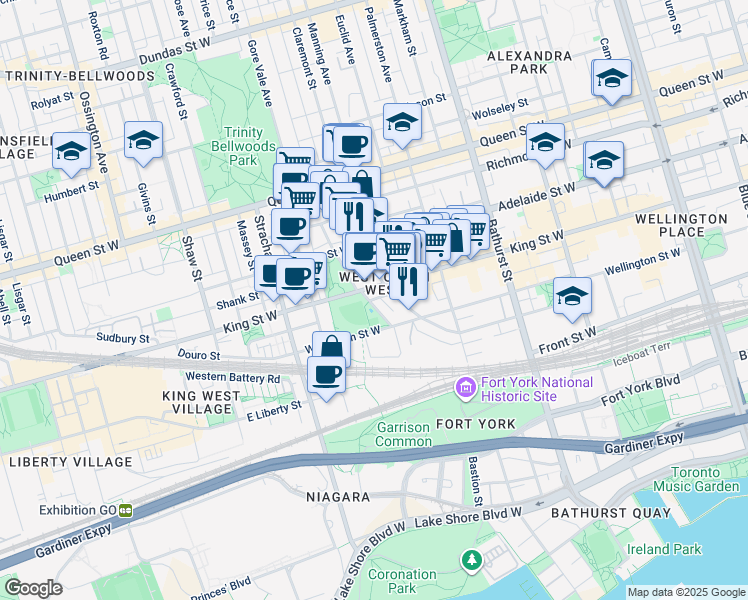 map of restaurants, bars, coffee shops, grocery stores, and more near 115 Walnut Avenue in Toronto