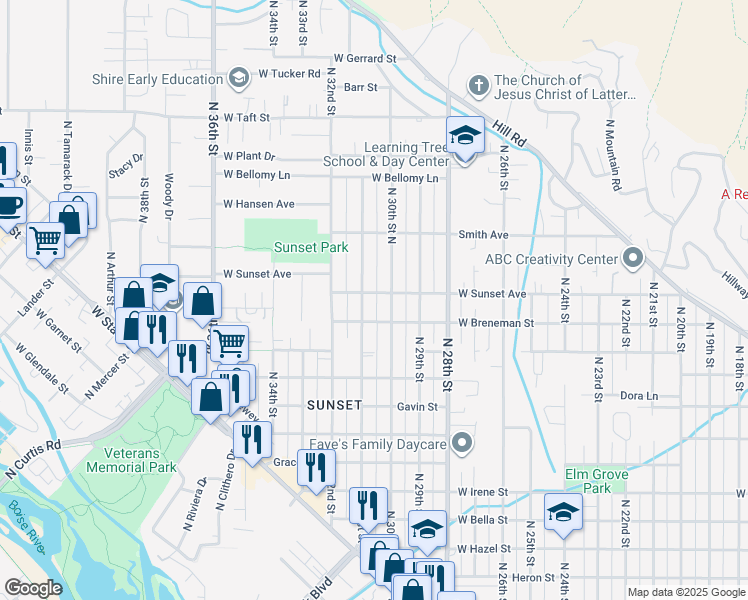 map of restaurants, bars, coffee shops, grocery stores, and more near 3003 West Sunset Avenue in Boise