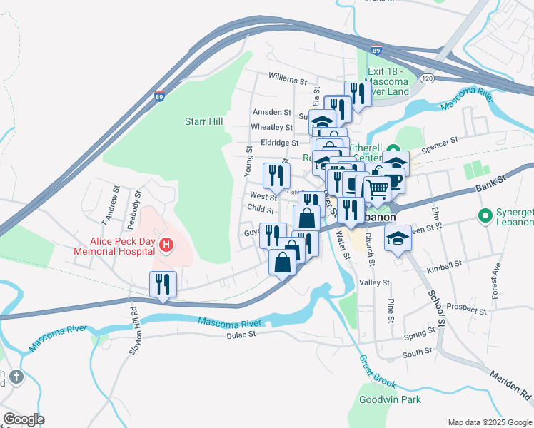 map of restaurants, bars, coffee shops, grocery stores, and more near 5 Child Street in Lebanon