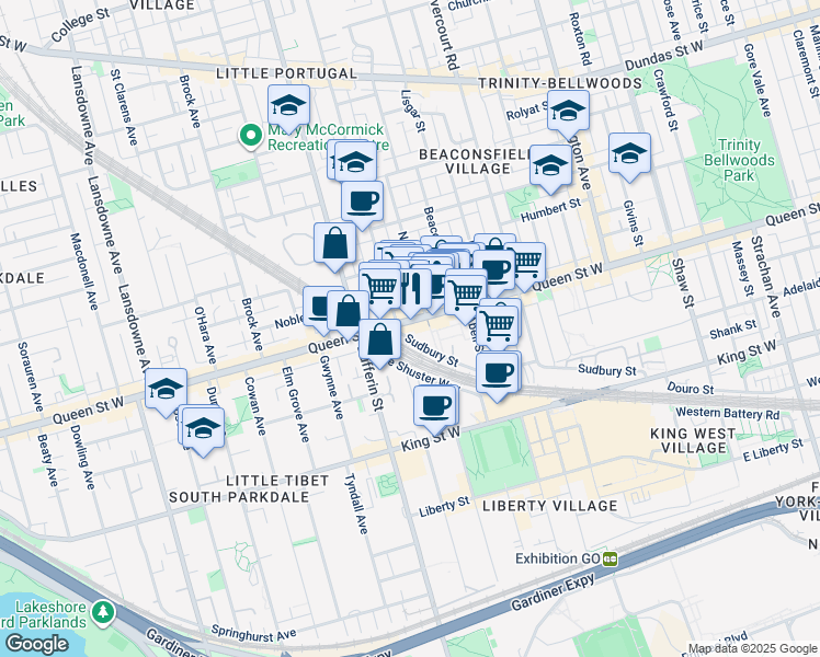 map of restaurants, bars, coffee shops, grocery stores, and more near in Toronto
