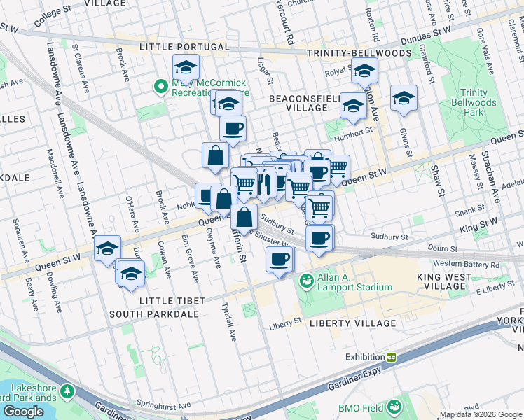 map of restaurants, bars, coffee shops, grocery stores, and more near 1181 Queen Street West in Toronto
