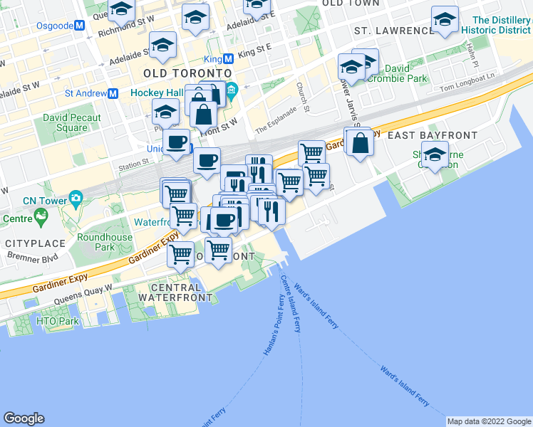 map of restaurants, bars, coffee shops, grocery stores, and more near in Toronto