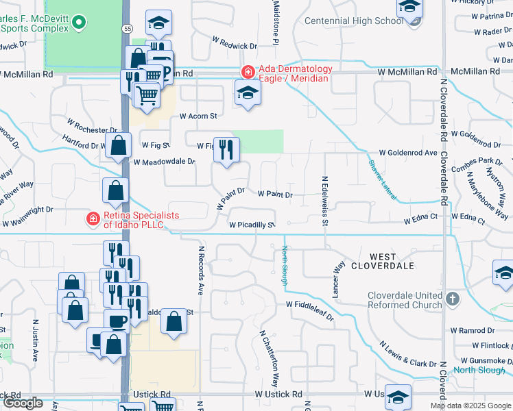map of restaurants, bars, coffee shops, grocery stores, and more near 13134 West Scotfield Street in Boise