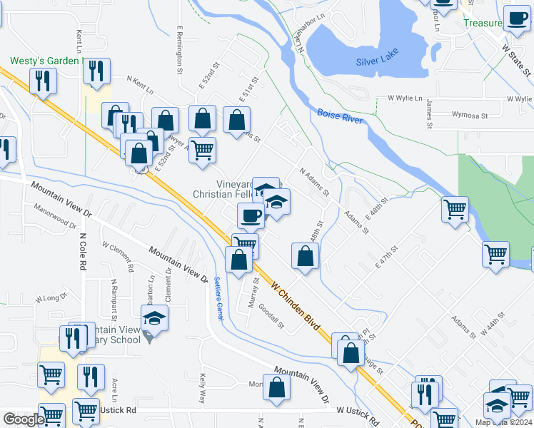 map of restaurants, bars, coffee shops, grocery stores, and more near 4950 North Bradley Street in Garden City