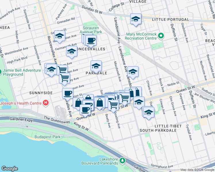 map of restaurants, bars, coffee shops, grocery stores, and more near 16 Marion Street in Toronto