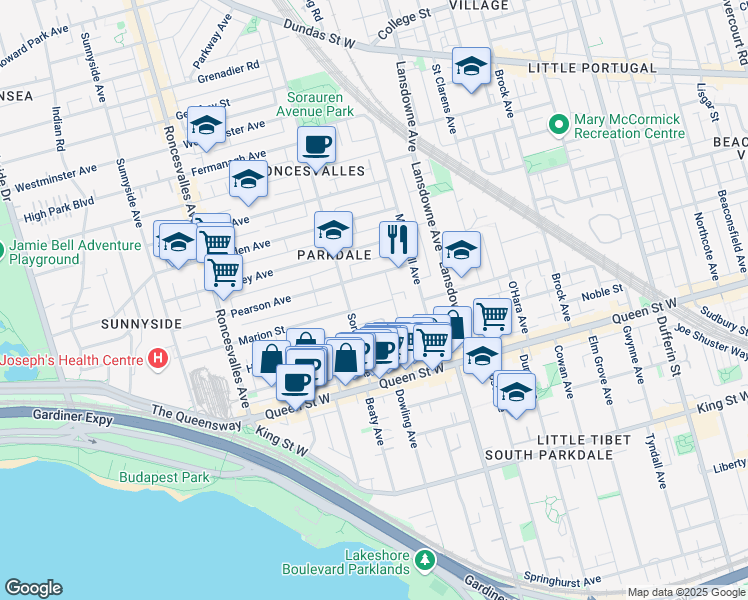 map of restaurants, bars, coffee shops, grocery stores, and more near 14 Marion Street in Toronto