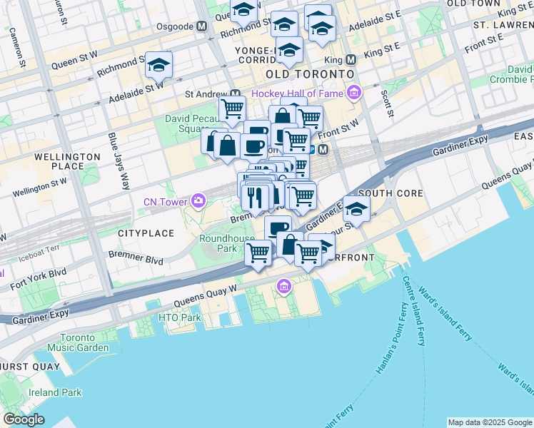 map of restaurants, bars, coffee shops, grocery stores, and more near 30 Grand Trunk Crescent in Toronto
