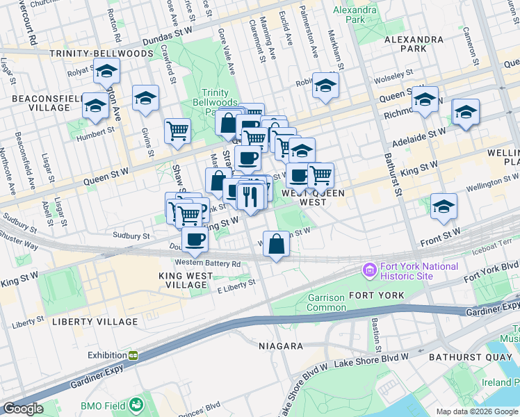 map of restaurants, bars, coffee shops, grocery stores, and more near in Toronto