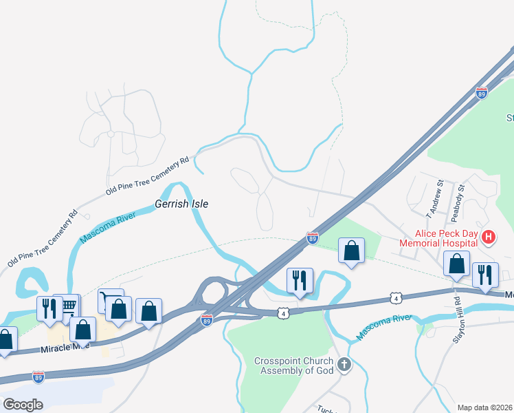 map of restaurants, bars, coffee shops, grocery stores, and more near 220 Mascoma Street in Lebanon