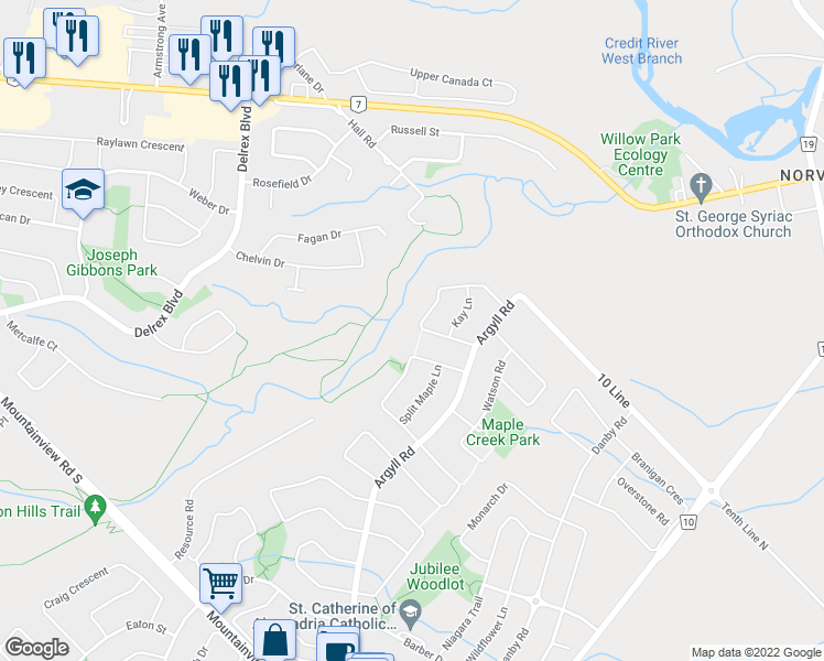 map of restaurants, bars, coffee shops, grocery stores, and more near 25 Gollop Crescent in Halton Hills