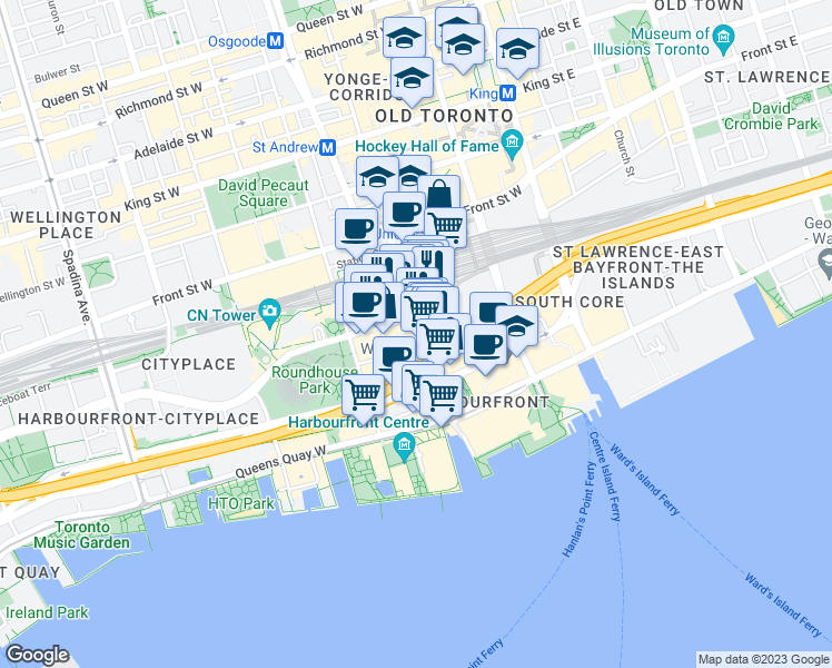 map of restaurants, bars, coffee shops, grocery stores, and more near 18 York Street in Toronto