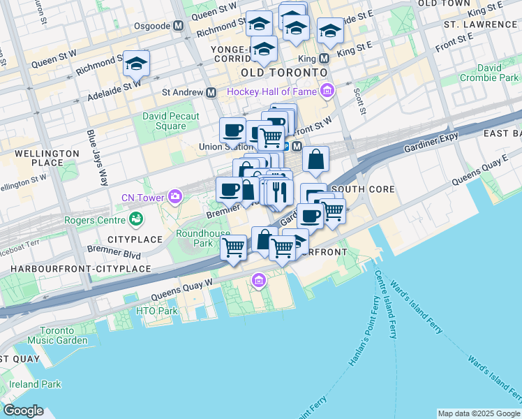 map of restaurants, bars, coffee shops, grocery stores, and more near 16 York Street in Toronto