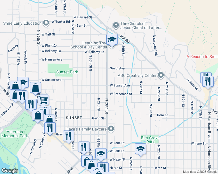 map of restaurants, bars, coffee shops, grocery stores, and more near 2715 West Sunset Avenue in Boise