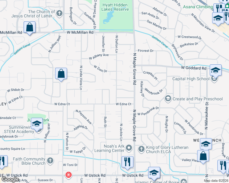 map of restaurants, bars, coffee shops, grocery stores, and more near 9189 West Lorinda Drive in Boise