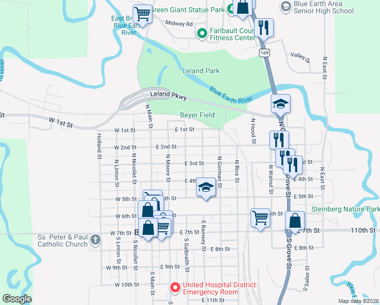 map of restaurants, bars, coffee shops, grocery stores, and more near 304 East 2nd Street in Blue Earth