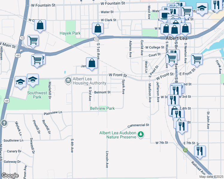 map of restaurants, bars, coffee shops, grocery stores, and more near 724 Belmont Street in Albert Lea