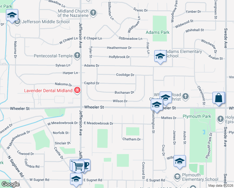 map of restaurants, bars, coffee shops, grocery stores, and more near 414 Buchanan Drive in Midland
